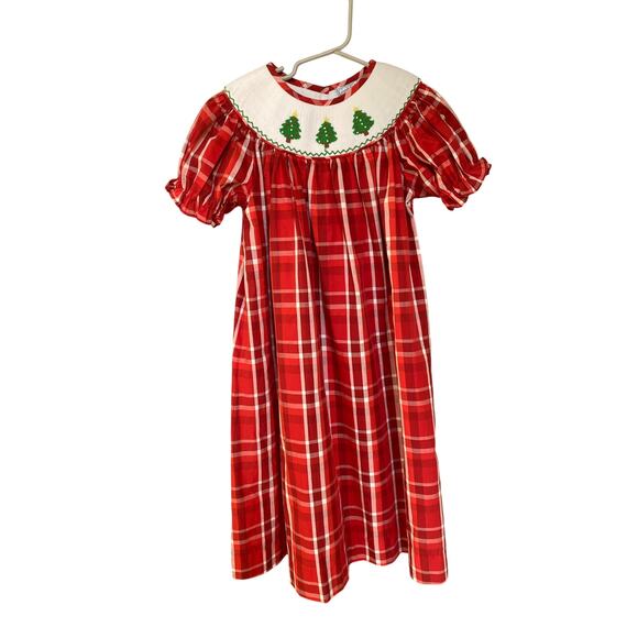 Three Sisters Smocked Christmas Tree Red White Plaid Size 6 Kids Dress